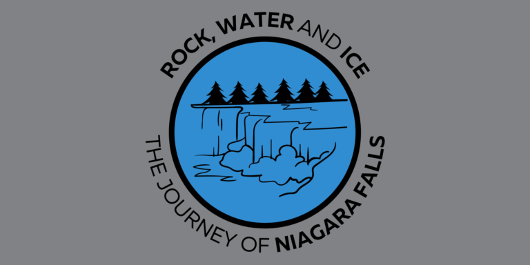 Text reads "Rock, Water and Ice. The Journey of Niagara Falls". Text encircles a blue circle with a line drawing of a waterfall.
