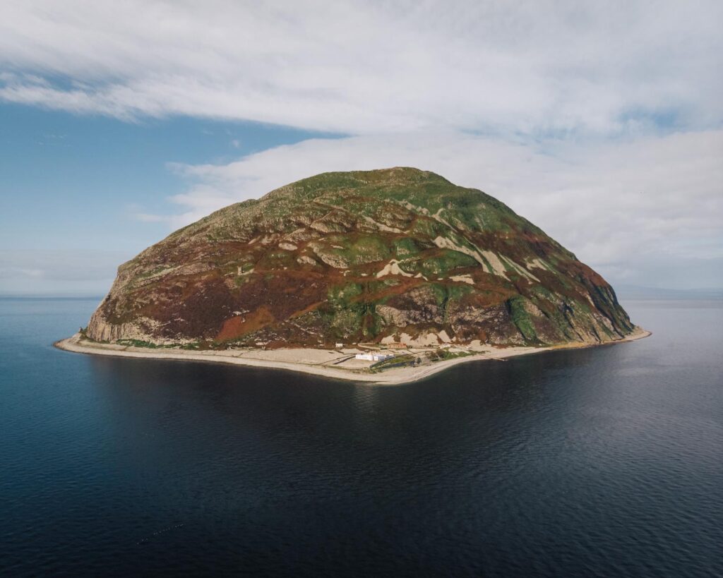 Aerial photo of Ailsa Craig, facing west