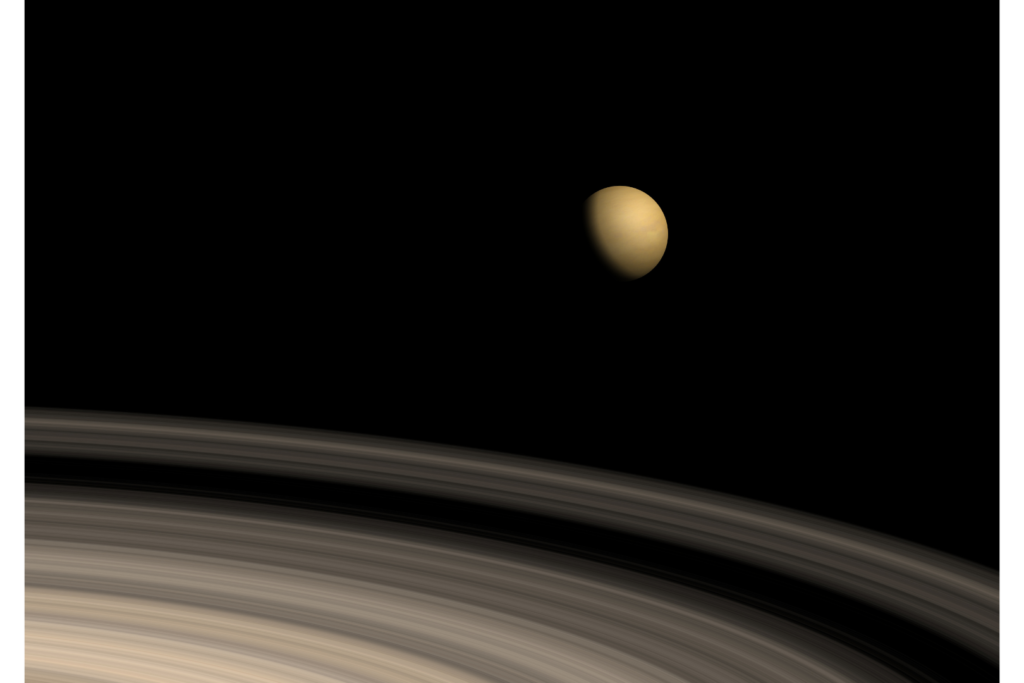 Digital rendering of Titan over Saturn's rings.