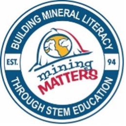 Mining Matters Logo. Text reads "Building mineral Literacy Through STEM Education. EST 94". Text surrounds a drawing of a mining helmet