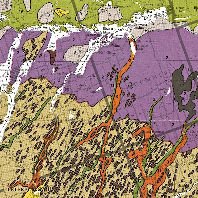 Geological map of the central portion of Southern Ontario. Different colours represent different rock units. 
