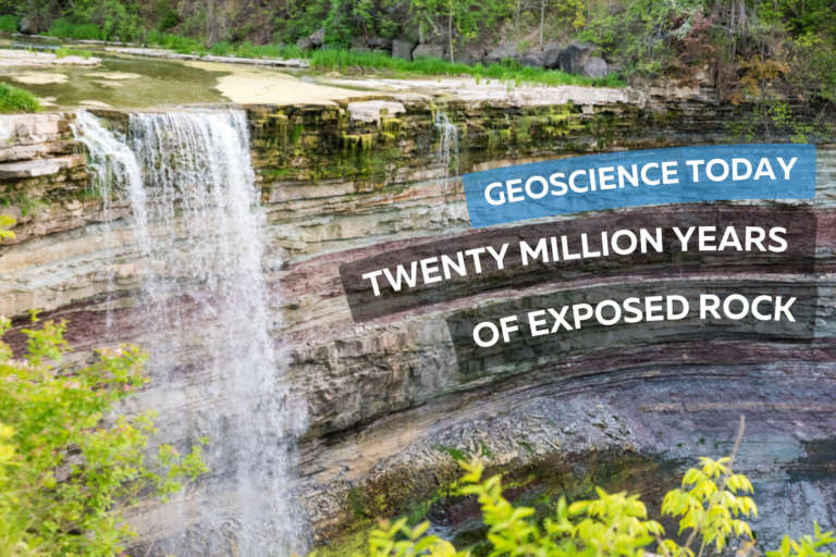 Photo of balls falls showing the water flowing over rock layers. Text on top of the rock reads "Geoscience Today. Twenty million years of exposed rock"