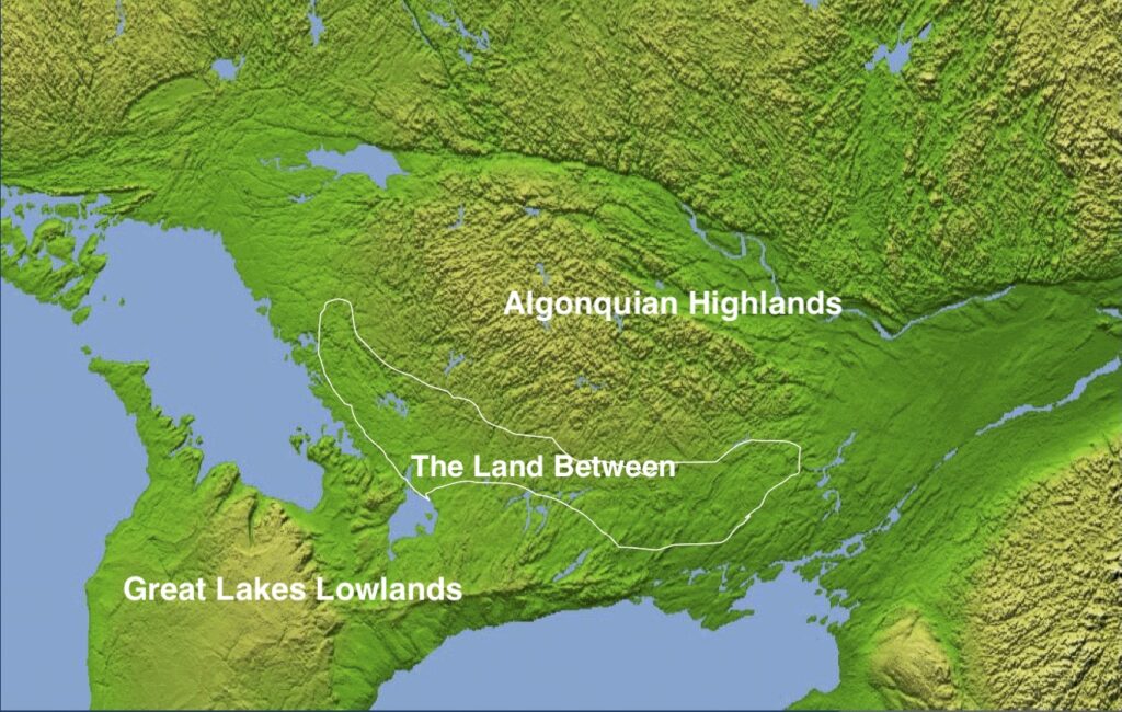 Map of southern Ontario showing the Algonquin Highlands above a circle titled The land between. The Great Lakes Lowlands are situation south of the Land Between. 