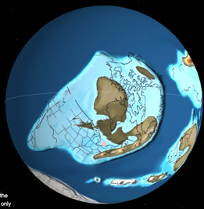 Representation of the globe 450 million years ago. North America is shown in a different shape with a light blue shallow sea surrounding it. 