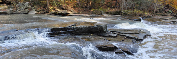 Twenty Mile Creek. Flowing water over dark grey rocks.