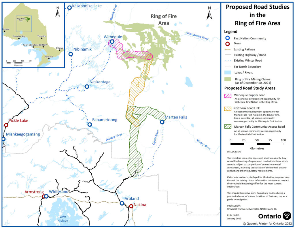 Map showing Ring of Fire and potential road study areas going North/South from the Ring of Fire.