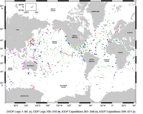 Map showing all the sites drilled by 50 years of scientific ocean drilling.