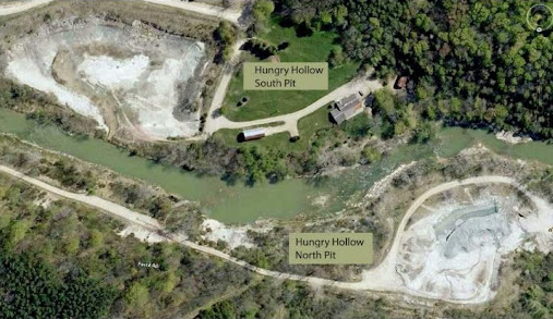 An aerial shot of two excavation sites in Hungry Hollow. On the top left of the photo a pit is labelled "Hungry Hollow South Pit." On the bottom right a pit is labelled "Hungry Hollow North Pit."