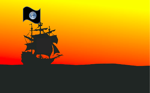 Drawing of a large sailboat sailing into the sunset. On the top of the sailboat a flag with the blue earth photo can be seen.