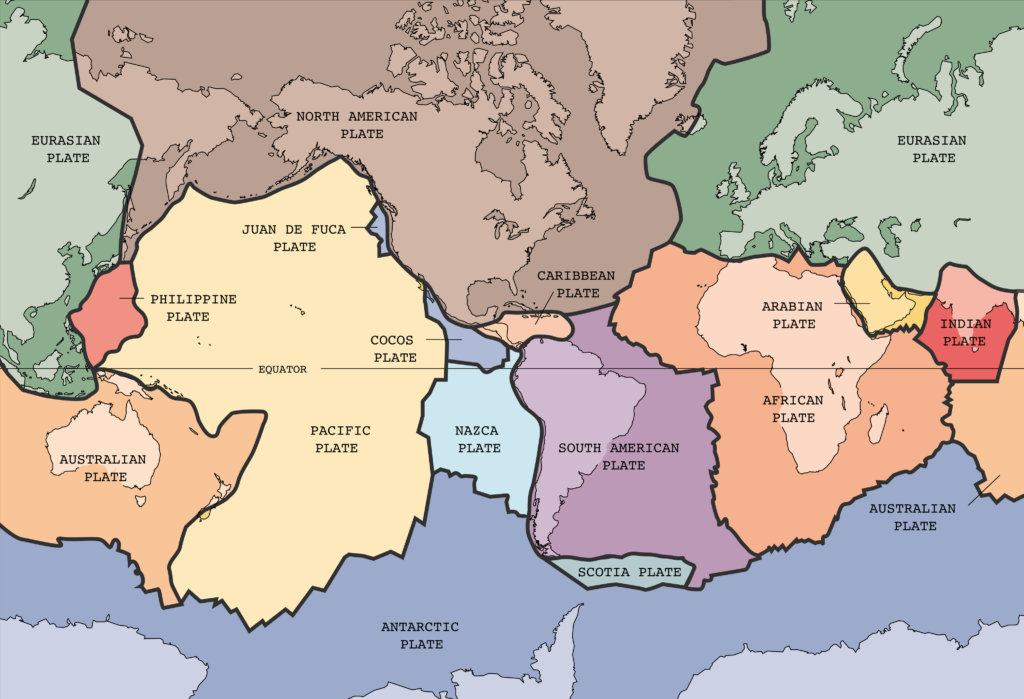 Map of the world with tectonic plates superimposed on the image.