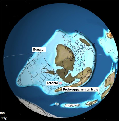 A digital drawing of a globe representing the continents and oceans in the Ordovician period.
