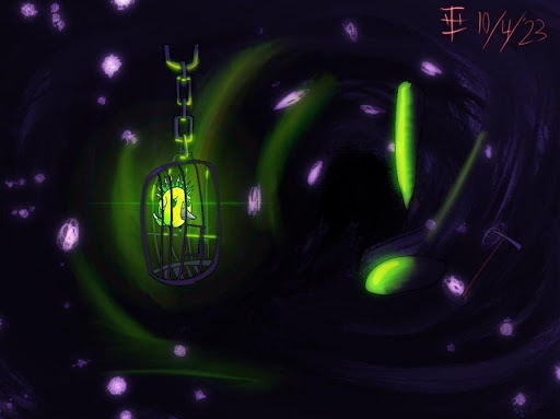 Drawing of a glowing mineral hidden in the darkness in a cage