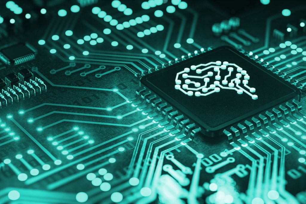 Computer circuit board with image of a brain