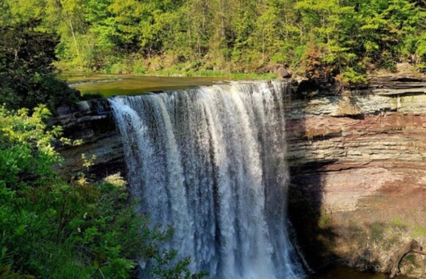 A stunning waterfall along the Bruce Trail, showcasing the region’s rich geological formations.