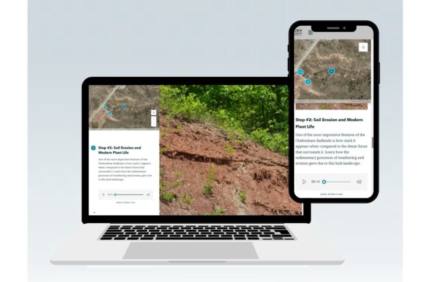 GeoHike virtual geoscience tour displayed on a laptop and smartphone screen, showing interactive stop about soil erosion and plant life.