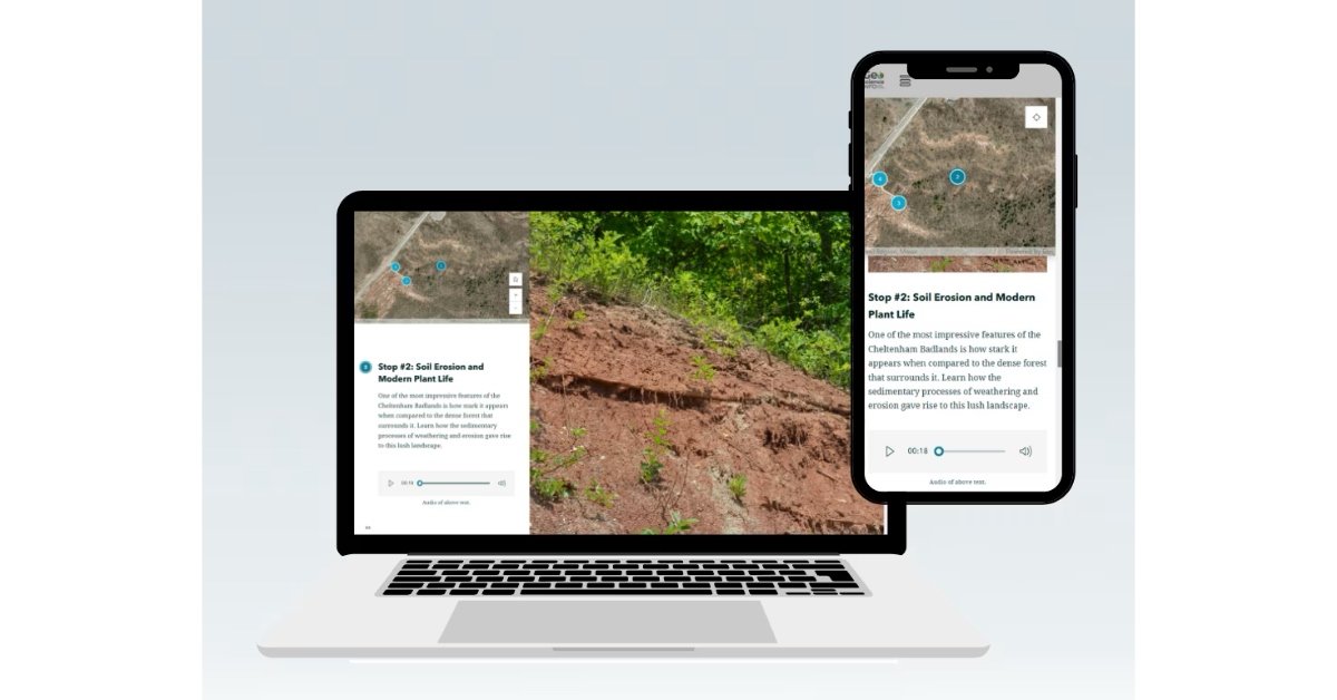 GeoHike virtual geoscience tour displayed on a laptop and smartphone screen, showing interactive stop about soil erosion and plant life.
