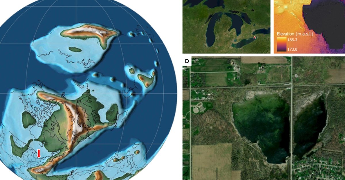 Map comparison showing Earth's paleogeography during the mid-Devonian period and present-day satellite view of the Wainfleet fossil site in Ontario.