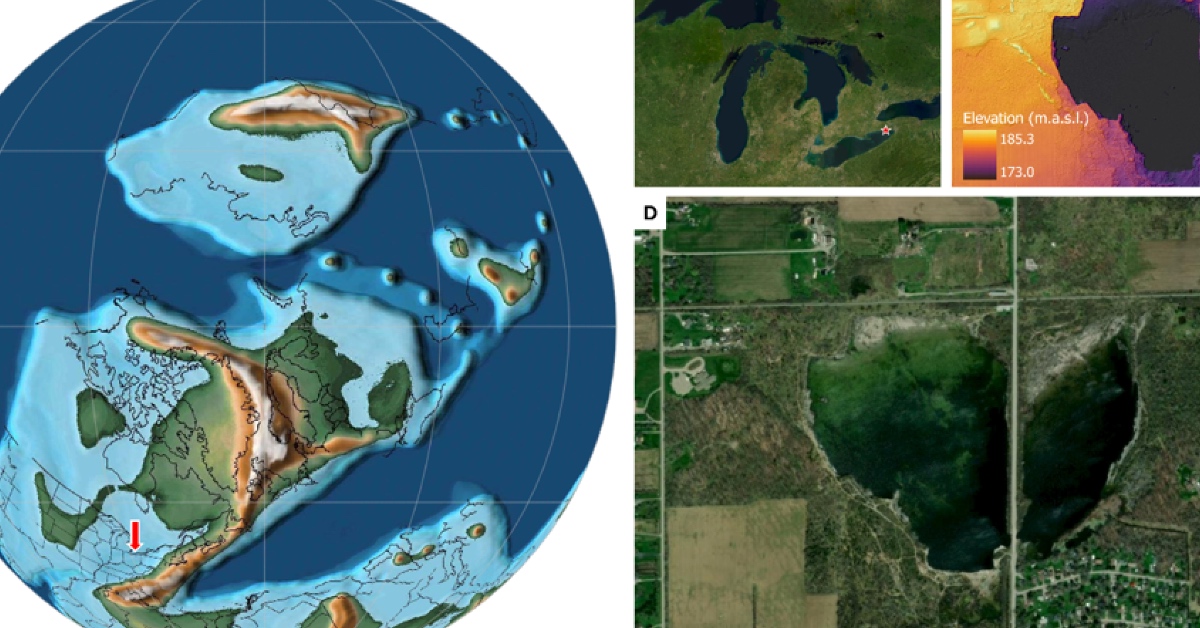 Map comparison showing Earth's paleogeography during the mid-Devonian period and present-day satellite view of the Wainfleet fossil site in Ontario.