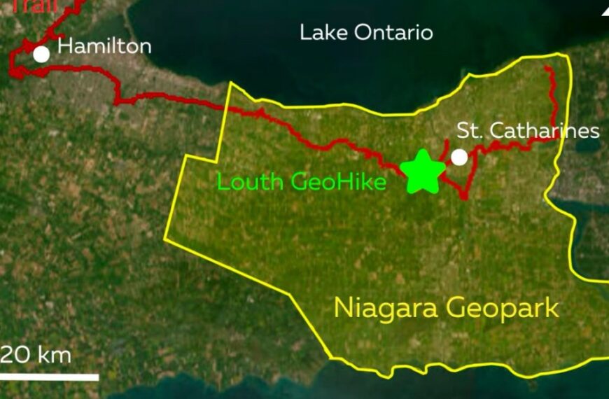 Map showing the location of the Louth GeoHike within the Niagara Geopark, near St. Catharines and the Bruce Trail.