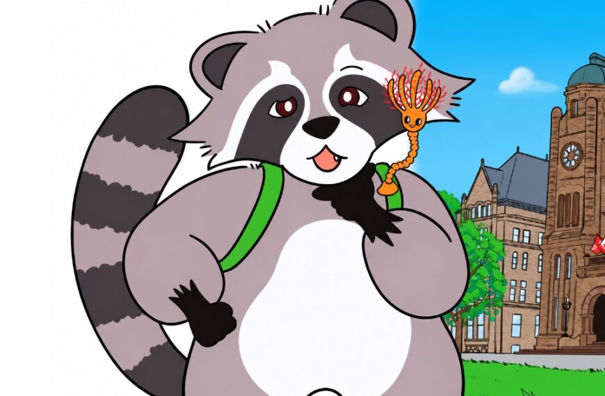 Rocky the Raccoon with Lily the fossil crinoid outside the Ontario Legislative Building at Queen's Park in Toronto, featured in the children's geology and Earth science book Rocky the Raccoon Explores Toronto.