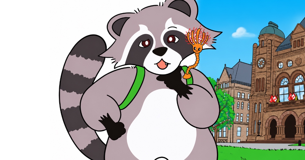 Rocky the Raccoon with Lily the fossil crinoid outside the Ontario Legislative Building at Queen's Park in Toronto, featured in the children's geology and Earth science book Rocky the Raccoon Explores Toronto.