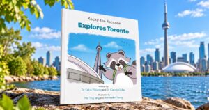 Rocky the Raccoon Explores Toronto children's book featuring Rocky, the CN Tower and Rogers Centre, published by the Geodiversity Education Foundation.