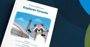 Rocky the Raccoon Explores Toronto children's book featuring Rocky, the CN Tower and Toronto landmarks, promoting geography, geology and geoscience education in Ontario, Canada.