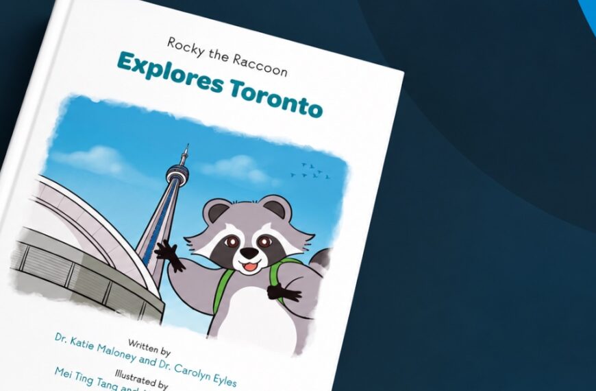 Rocky the Raccoon Explores Toronto children's book featuring Rocky, the CN Tower and Toronto landmarks, promoting geography, geology and geoscience education in Ontario, Canada.